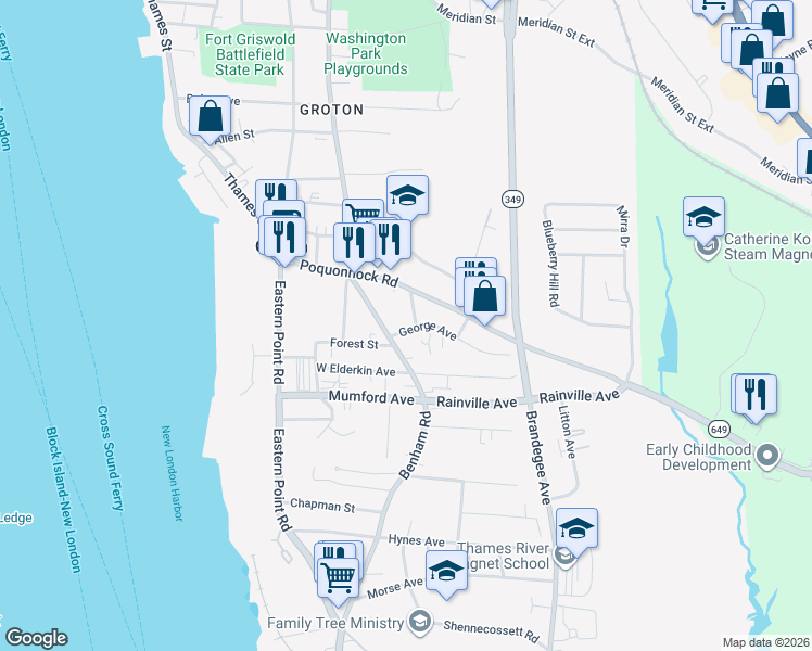 map of restaurants, bars, coffee shops, grocery stores, and more near 33 High Street in Groton