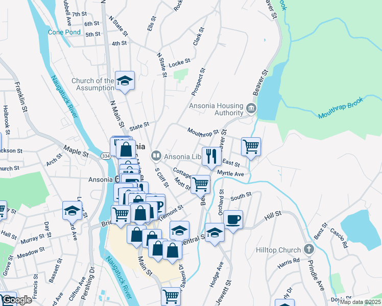 map of restaurants, bars, coffee shops, grocery stores, and more near 9 Clover Street in Ansonia