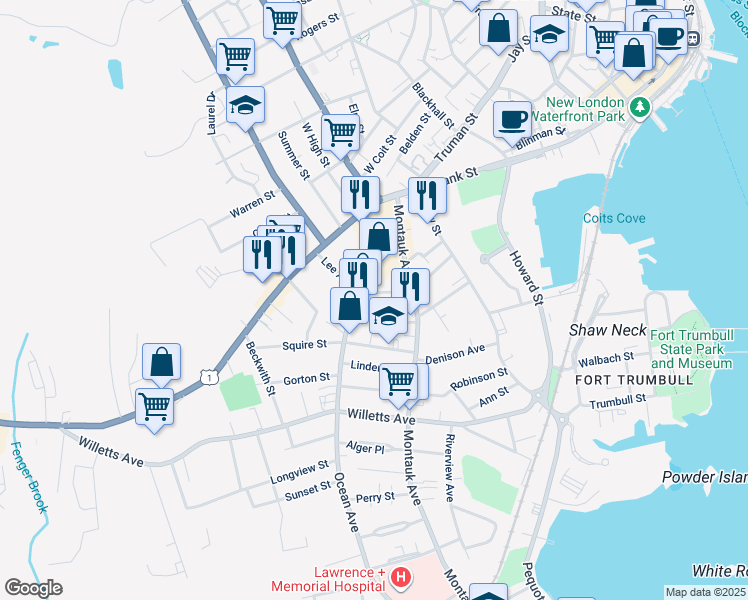 map of restaurants, bars, coffee shops, grocery stores, and more near 26 Darrow Street in New London