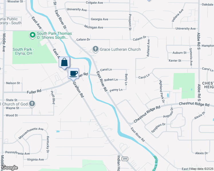 map of restaurants, bars, coffee shops, grocery stores, and more near 9913 East River Road in Elyria