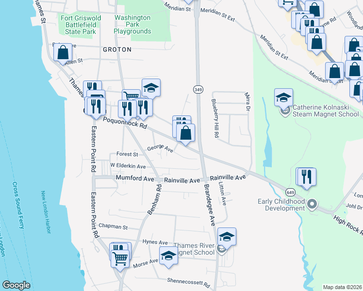 map of restaurants, bars, coffee shops, grocery stores, and more near 238 Poquonnock Road in Groton