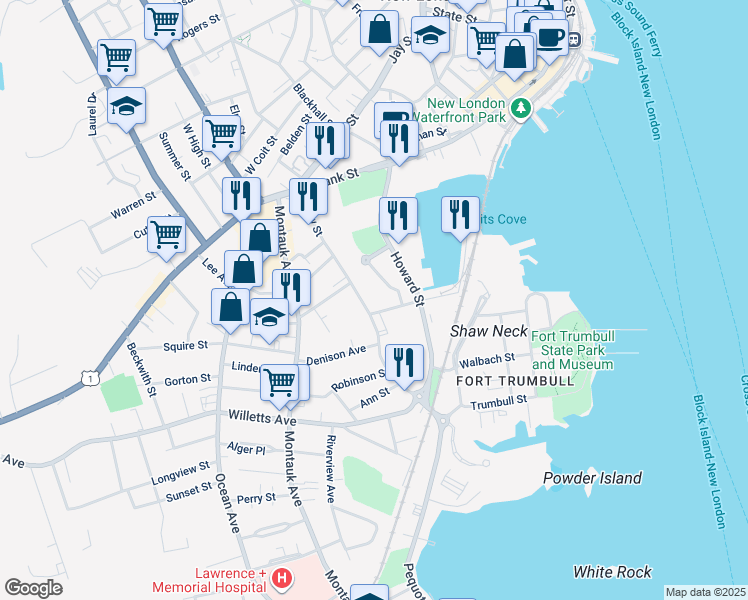 map of restaurants, bars, coffee shops, grocery stores, and more near 2 Shaws Cove in New London