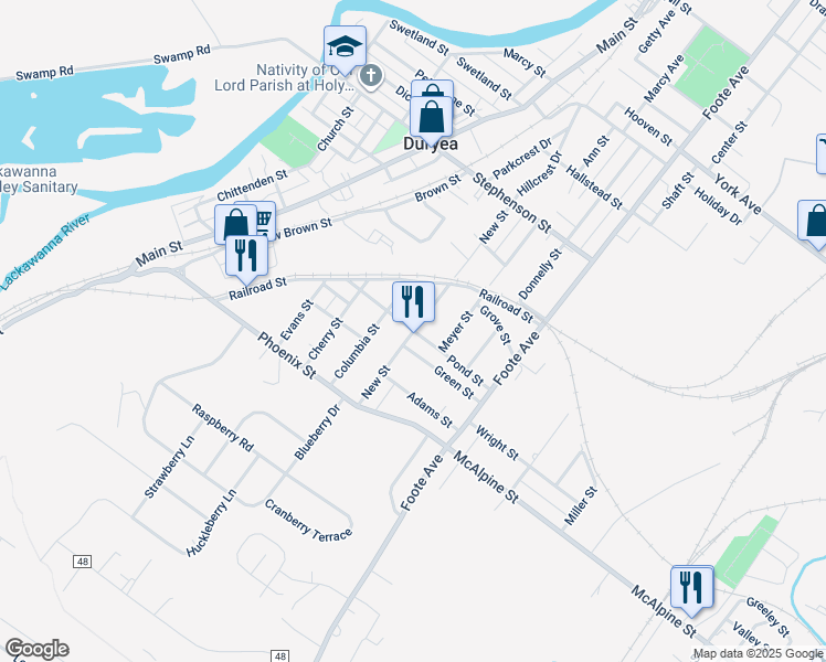 map of restaurants, bars, coffee shops, grocery stores, and more near 516 Pond St in Duryea