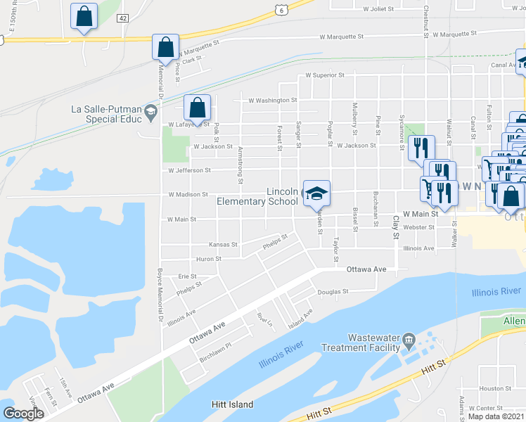 map of restaurants, bars, coffee shops, grocery stores, and more near 1302 West Main Street in Ottawa