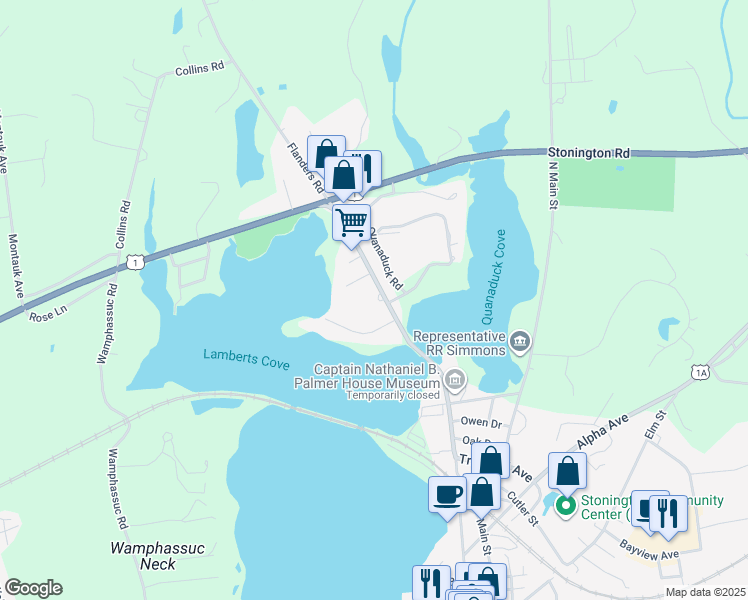 map of restaurants, bars, coffee shops, grocery stores, and more near 252 North Water Street in Stonington