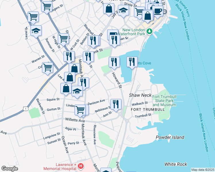 map of restaurants, bars, coffee shops, grocery stores, and more near 2 Shaws Cove in New London