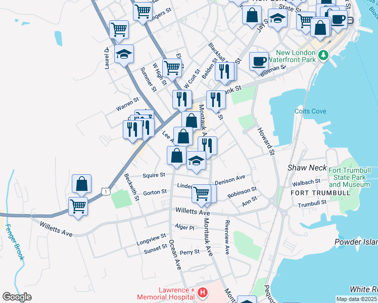 map of restaurants, bars, coffee shops, grocery stores, and more near 26 Darrow Street in New London