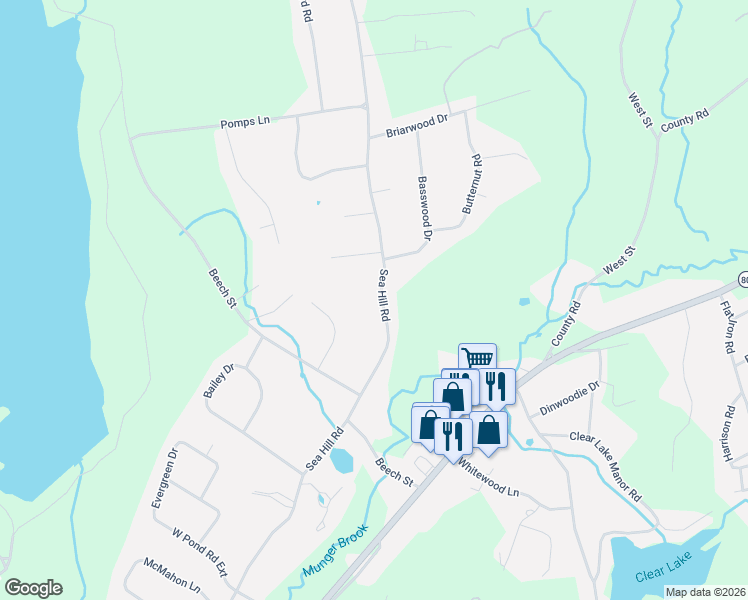 map of restaurants, bars, coffee shops, grocery stores, and more near 250 Sea Hill Road in North Branford