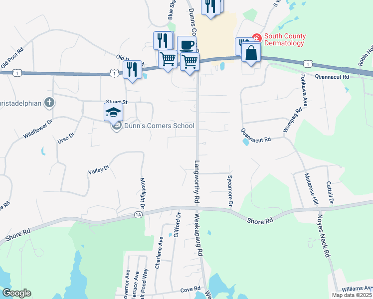 map of restaurants, bars, coffee shops, grocery stores, and more near 39 Langworthy Road in Westerly