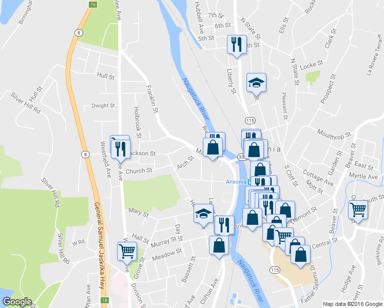 map of restaurants, bars, coffee shops, grocery stores, and more near 23 Franklin Street in Ansonia