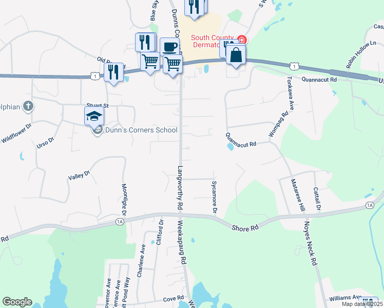 map of restaurants, bars, coffee shops, grocery stores, and more near 38 Langworthy Road in Westerly