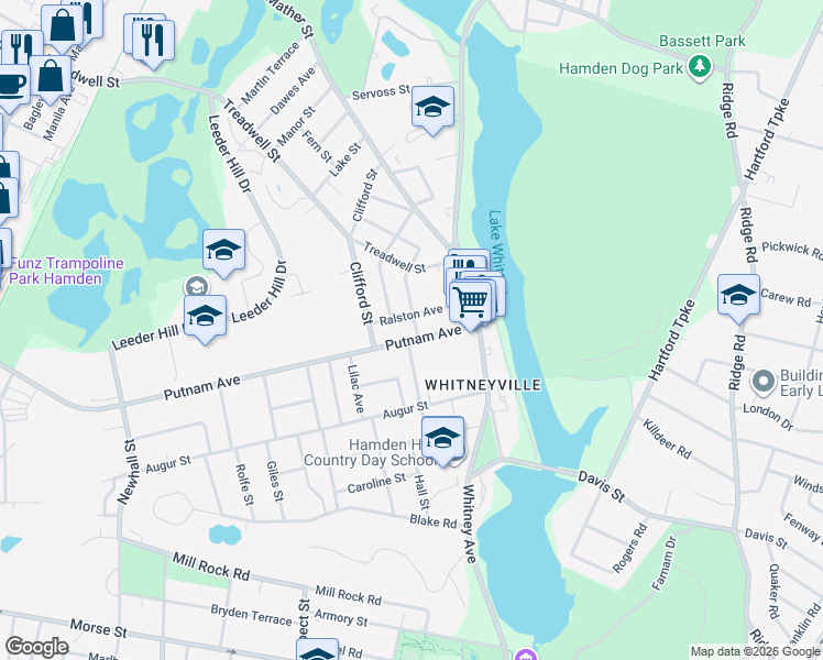 map of restaurants, bars, coffee shops, grocery stores, and more near 75 Putnam Avenue in Hamden