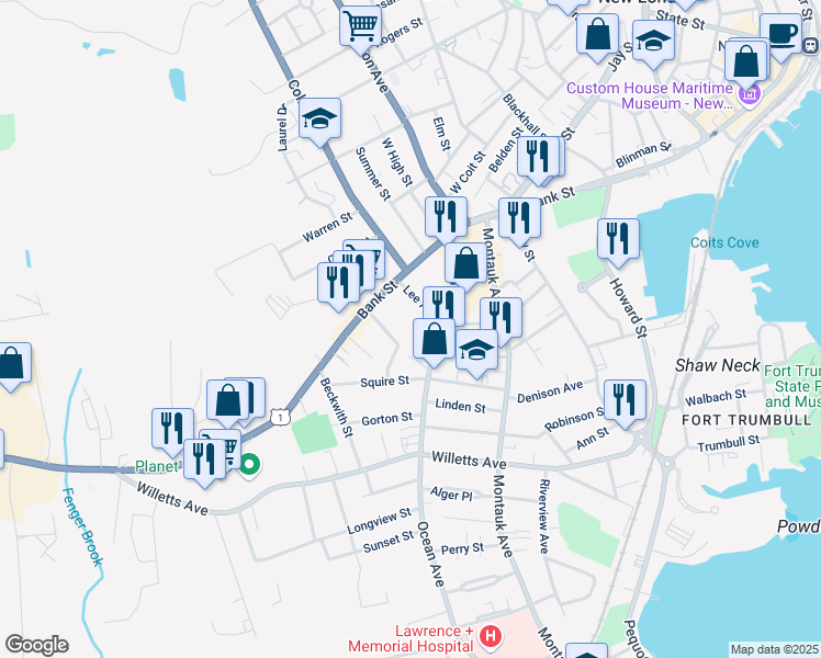 map of restaurants, bars, coffee shops, grocery stores, and more near 900 Bank Street in New London