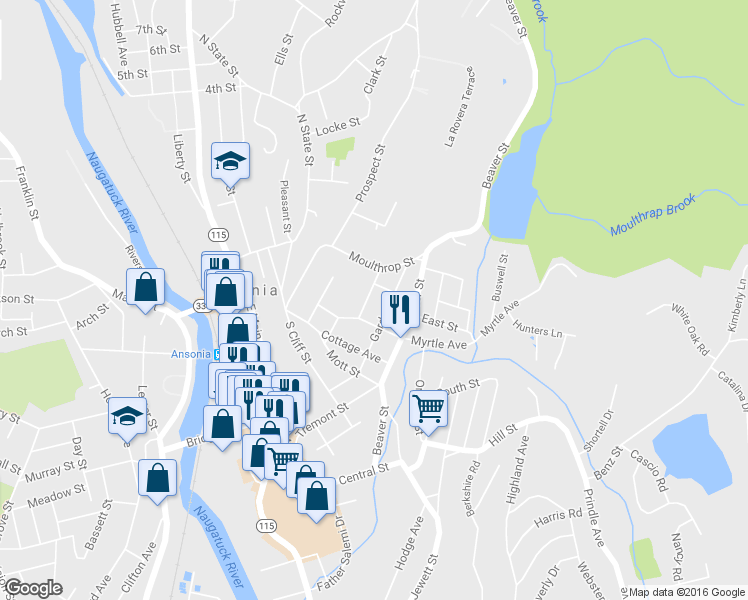 map of restaurants, bars, coffee shops, grocery stores, and more near 16 Clover Street in Ansonia