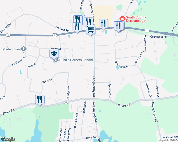 map of restaurants, bars, coffee shops, grocery stores, and more near 39 Langworthy Road in Westerly