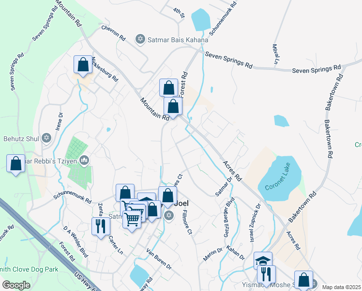 map of restaurants, bars, coffee shops, grocery stores, and more near 37 Satmar Drive in Monroe