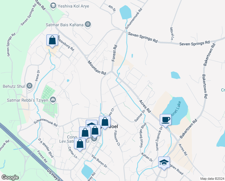 map of restaurants, bars, coffee shops, grocery stores, and more near 37 Satmar Drive in Monroe
