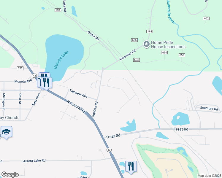 map of restaurants, bars, coffee shops, grocery stores, and more near 999 Squires Road in Aurora