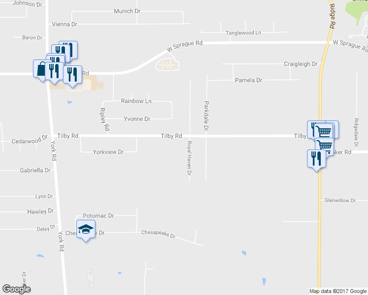 map of restaurants, bars, coffee shops, grocery stores, and more near 8684 Royal Haven Drive in North Royalton