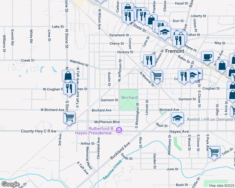 map of restaurants, bars, coffee shops, grocery stores, and more near 114 South Jefferson Street in Fremont