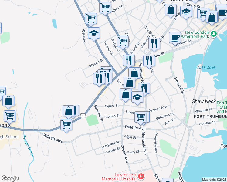 map of restaurants, bars, coffee shops, grocery stores, and more near 26 Carroll Court in New London