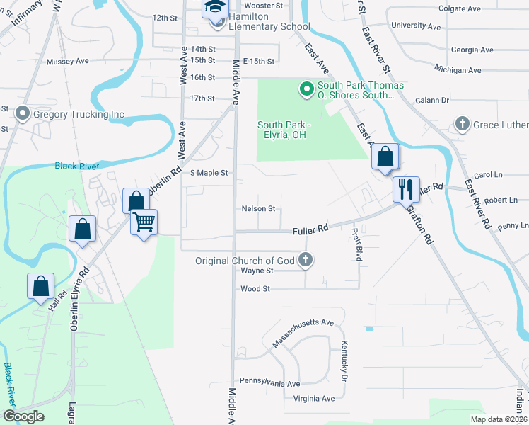 map of restaurants, bars, coffee shops, grocery stores, and more near 626 Nelson St in Elyria