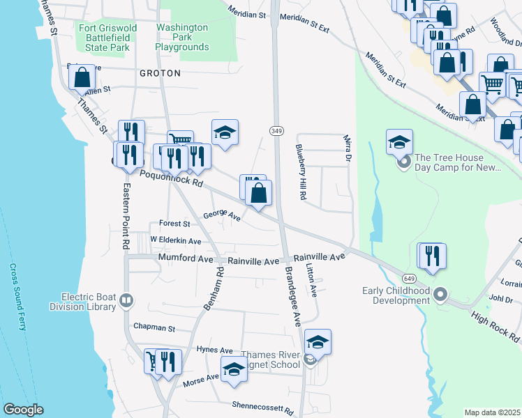 map of restaurants, bars, coffee shops, grocery stores, and more near 238 Poquonnock Road in Groton