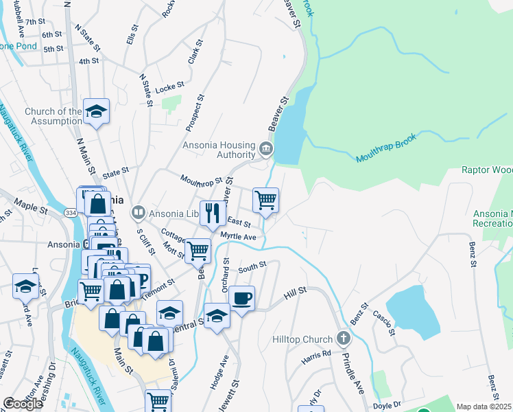 map of restaurants, bars, coffee shops, grocery stores, and more near 76 Brook Street in Ansonia