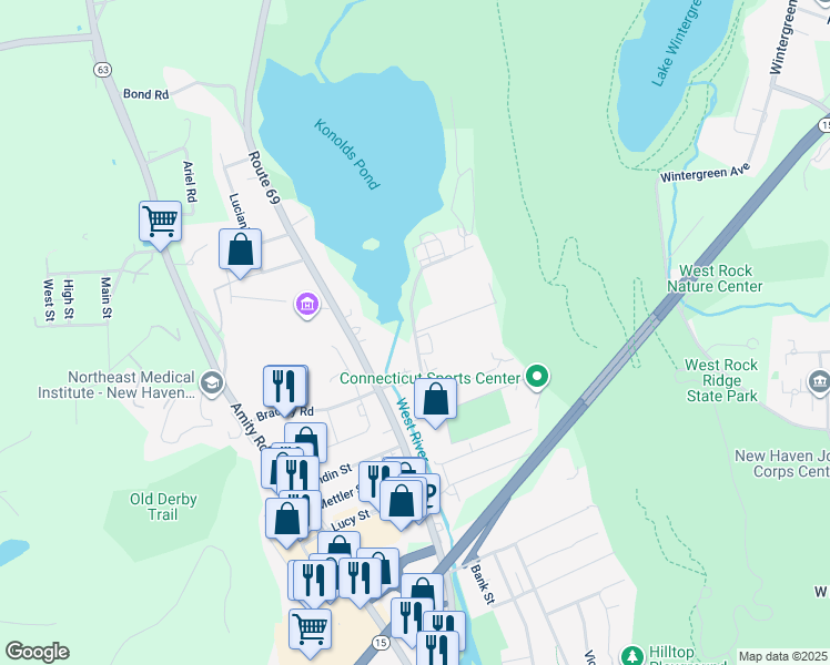 map of restaurants, bars, coffee shops, grocery stores, and more near Bradley Road in Woodbridge