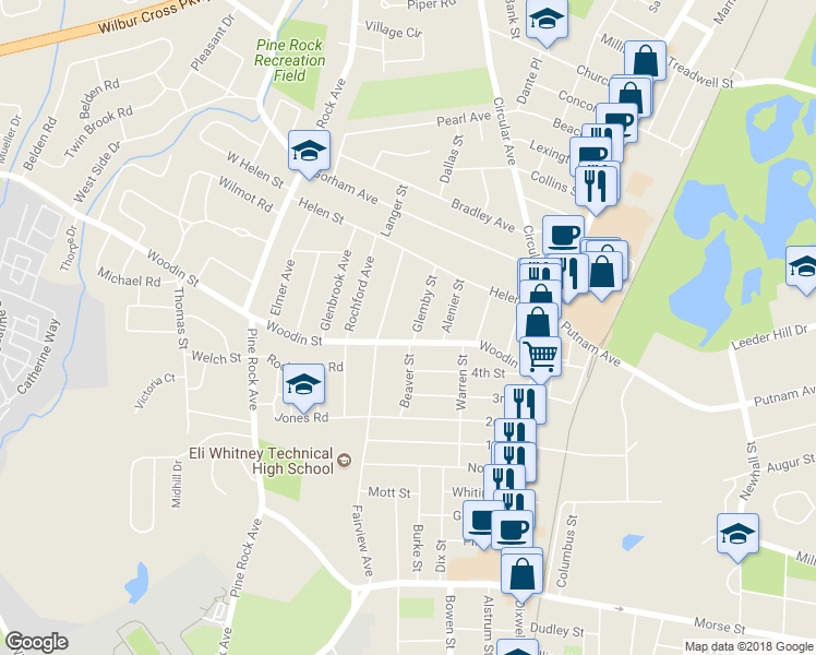 map of restaurants, bars, coffee shops, grocery stores, and more near 14 Glemby Street in Hamden