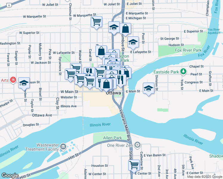 map of restaurants, bars, coffee shops, grocery stores, and more near 244 West Main Street in Ottawa
