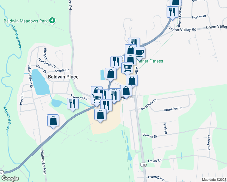 map of restaurants, bars, coffee shops, grocery stores, and more near 57 U.S. 6 in Baldwin Place