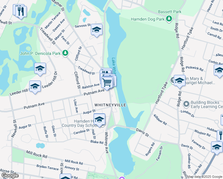 map of restaurants, bars, coffee shops, grocery stores, and more near 1231 Whitney Avenue in Hamden