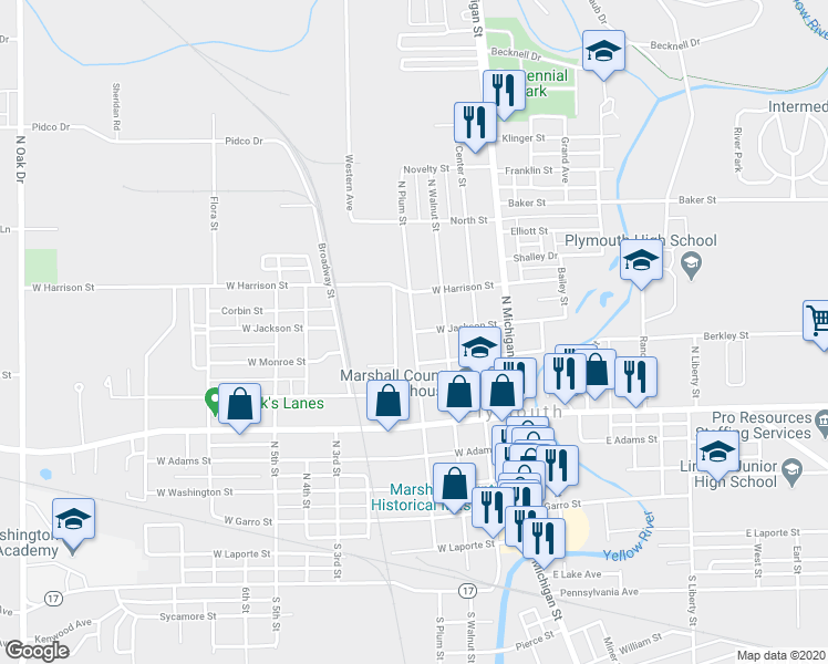 map of restaurants, bars, coffee shops, grocery stores, and more near 780 North Plum Street in Plymouth