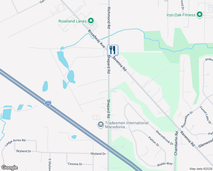 map of restaurants, bars, coffee shops, grocery stores, and more near 9956 Shepard Road in Macedonia