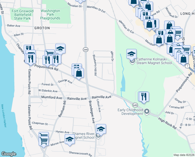 map of restaurants, bars, coffee shops, grocery stores, and more near 17 Blueberry Hill Road in Groton