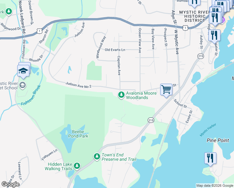 map of restaurants, bars, coffee shops, grocery stores, and more near 11 Judson Avenue in Groton