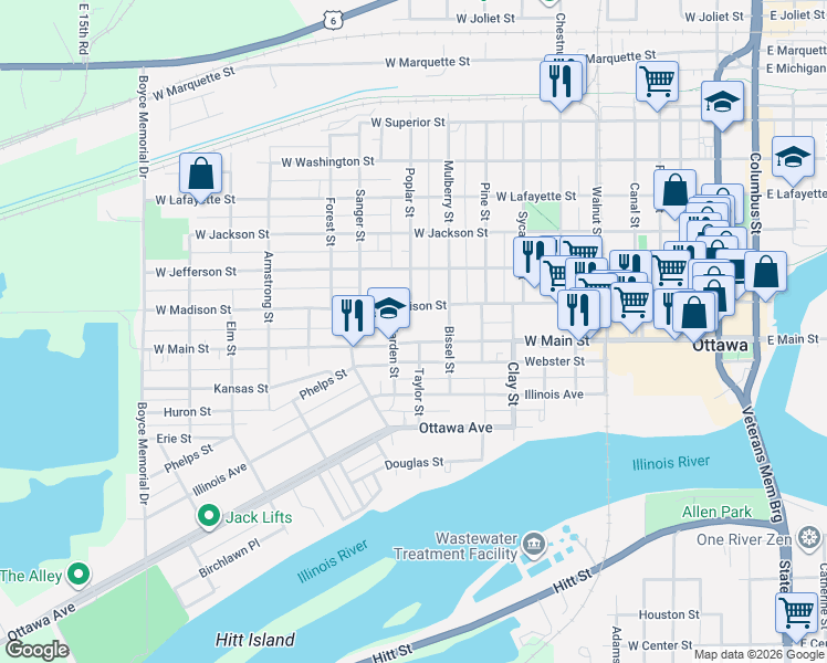 map of restaurants, bars, coffee shops, grocery stores, and more near 1000 West Main Street in Ottawa