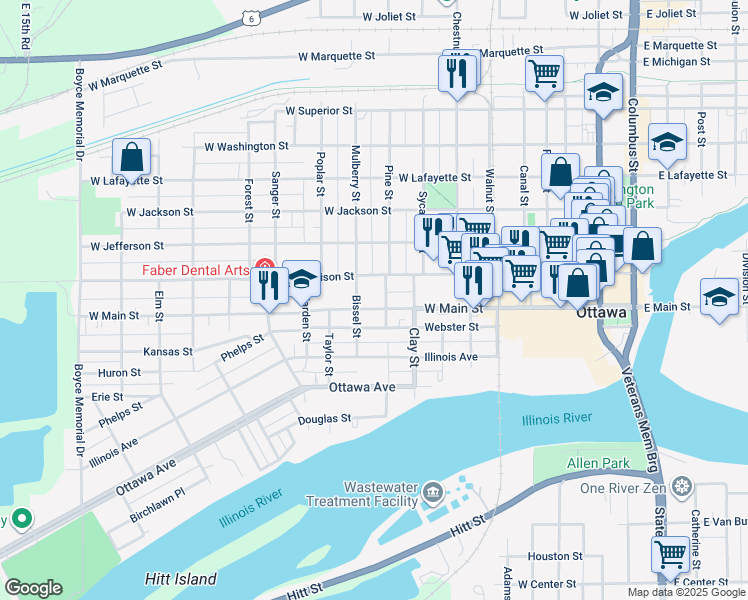 map of restaurants, bars, coffee shops, grocery stores, and more near 810 West Main Street in Ottawa
