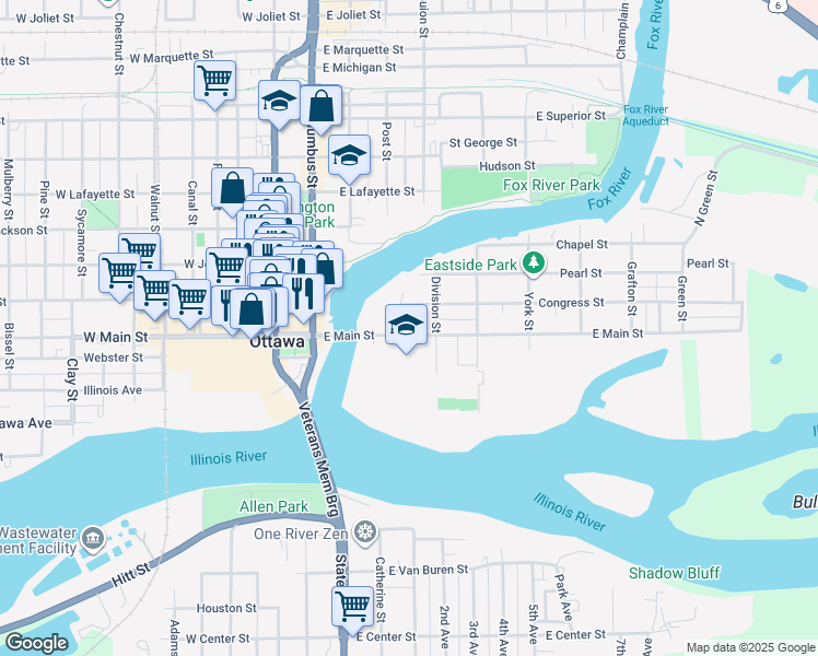 map of restaurants, bars, coffee shops, grocery stores, and more near 304-306 East Main Street in Ottawa