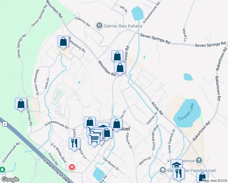 map of restaurants, bars, coffee shops, grocery stores, and more near 86 Forest Road in Kiryas Joel