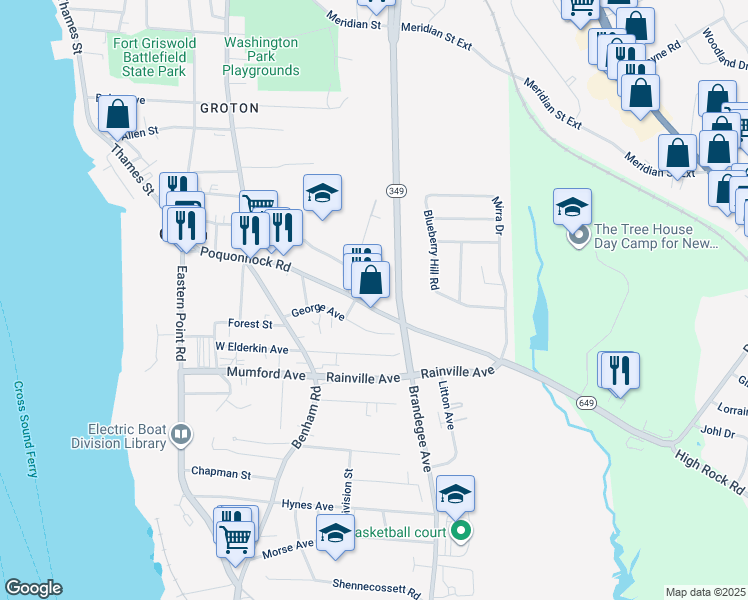 map of restaurants, bars, coffee shops, grocery stores, and more near 238 Poquonnock Road in Groton