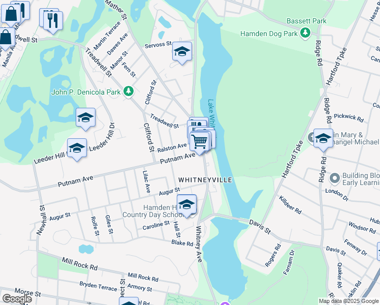 map of restaurants, bars, coffee shops, grocery stores, and more near 39 Putnam Avenue in Hamden