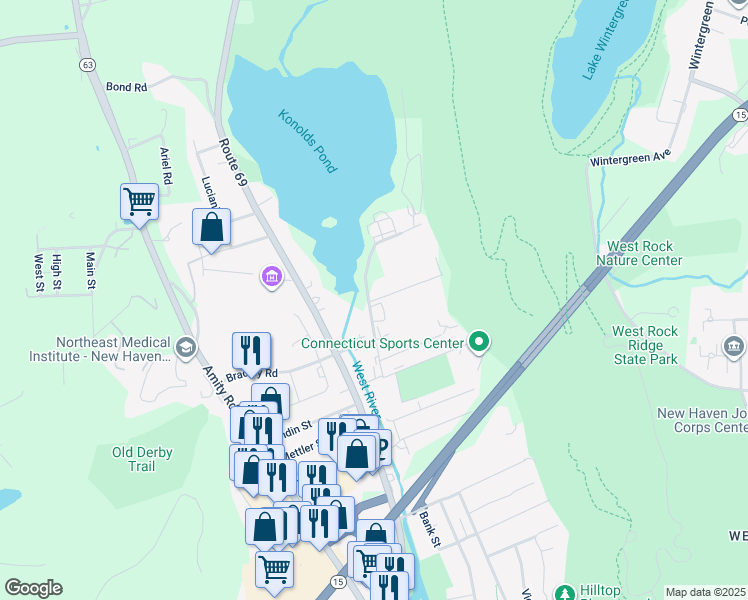 map of restaurants, bars, coffee shops, grocery stores, and more near One Bradley Road in Woodbridge