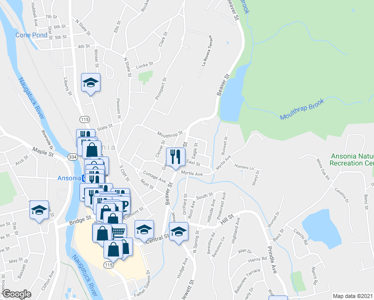 map of restaurants, bars, coffee shops, grocery stores, and more near 166 Beaver Street in Ansonia