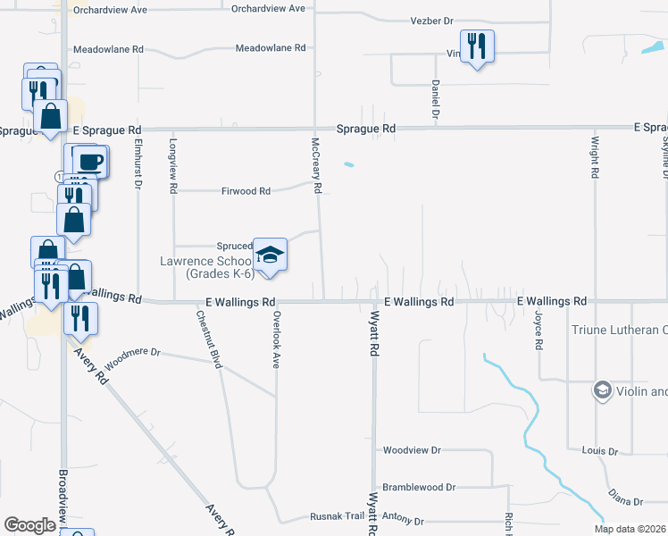 map of restaurants, bars, coffee shops, grocery stores, and more near 8079 McCreary Road in Broadview Heights