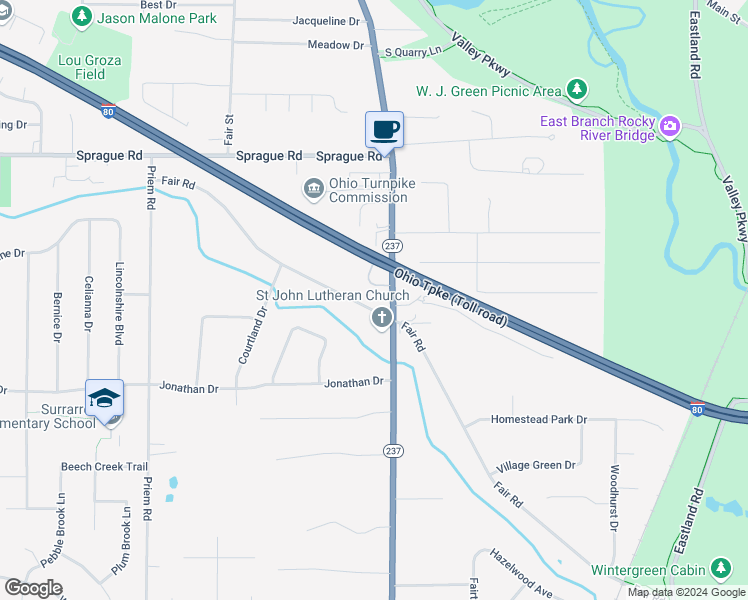 map of restaurants, bars, coffee shops, grocery stores, and more near 8670 Ohio 237 in Strongsville