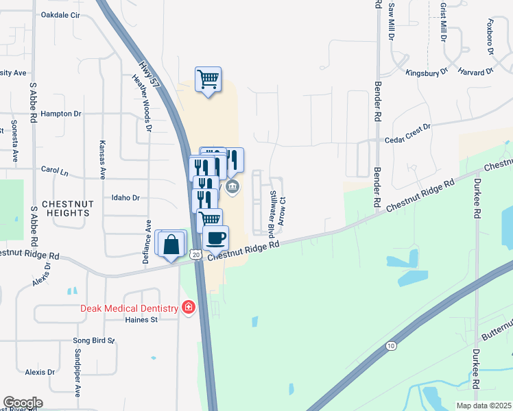 map of restaurants, bars, coffee shops, grocery stores, and more near 300 Hunters Crossing Drive in Elyria