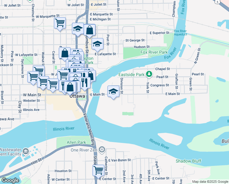 map of restaurants, bars, coffee shops, grocery stores, and more near 304-306 East Main Street in Ottawa