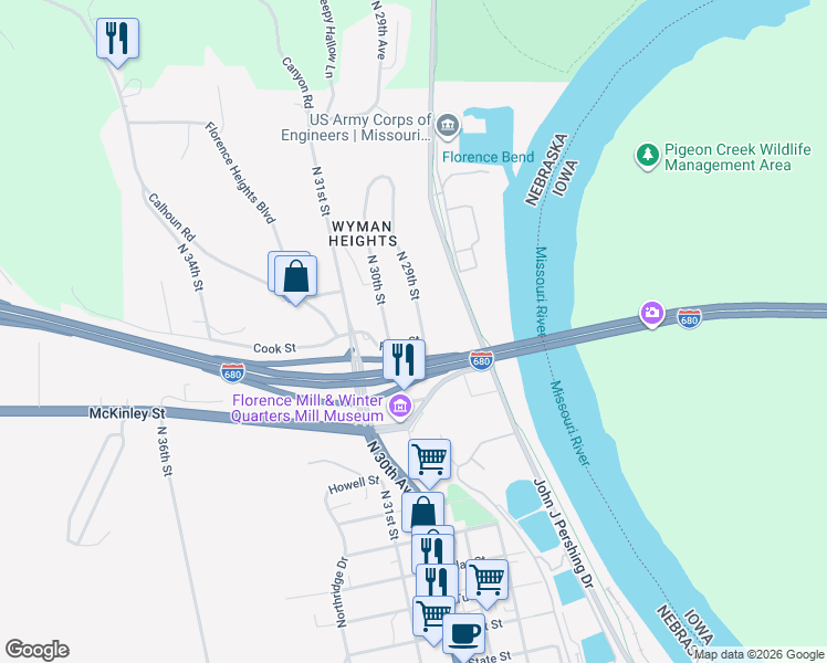 map of restaurants, bars, coffee shops, grocery stores, and more near 9407 North 30th Street in Omaha
